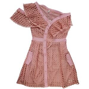 NWT Self Portrait Pink Lace Eyelet Dress Size L Ruffle Flutter Sleeve